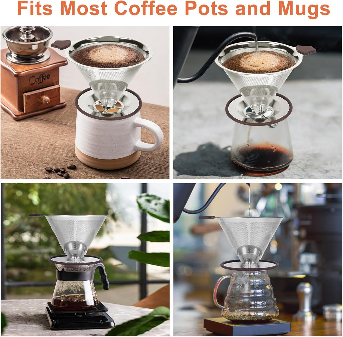 Pour Over Coffee Dripper Pour Over Coffee Filter, Cone Stainless Steel Reusable Paperless Double Layer Mesh Cup Metal Fine Mesh Strainer Slow Drip Portable with Stand & Cleaning Brush Camping