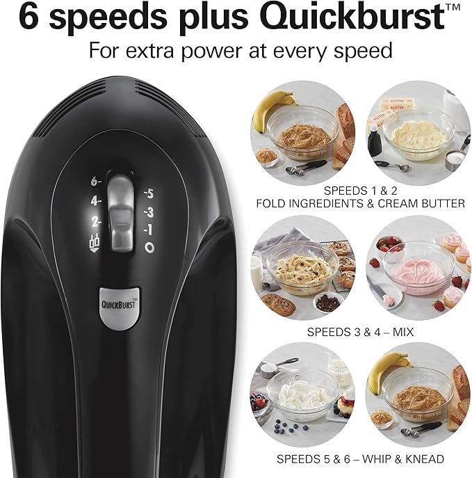 Hamilton Beach 6-Speed Electric Hand Mixer with Whisk, Dough Hooks and Easy Clean Beaters, Powerful 275 Watt Motor, Snap-On Storage Case, Black
