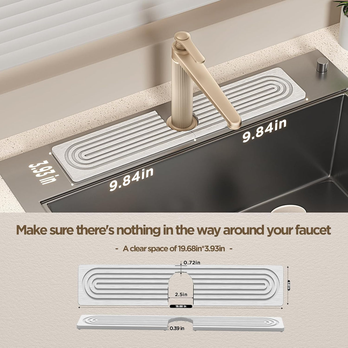 Faucet Mat for Kitchen Sink, Diatomite Stone Drying Sink Protectors, Bathroom Faucet Splash Guard, Quick Dry Water Absorbing, Non-Slip Stone Tray for Kitchen Counter, White, 20" x 3.9"