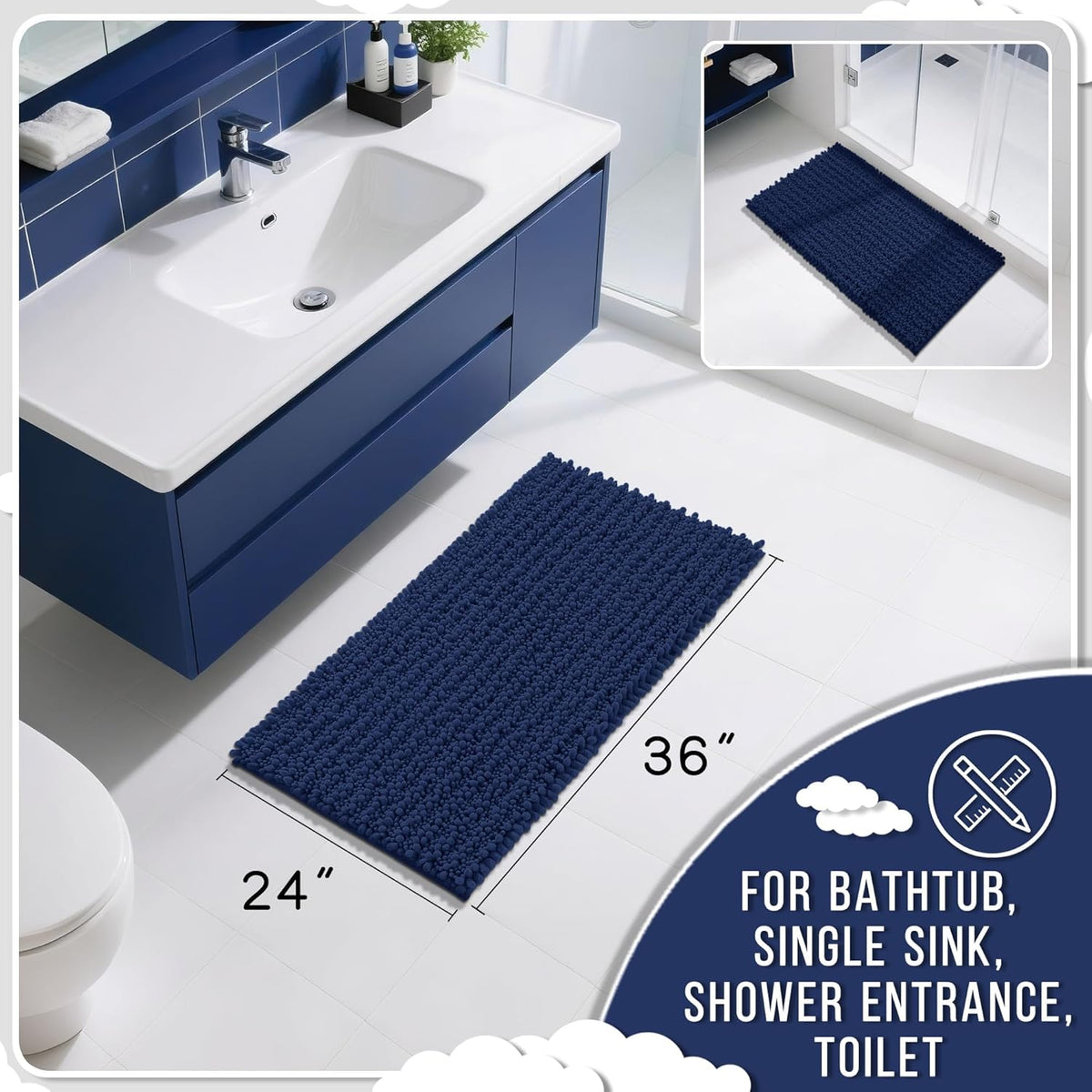 Yimobra Large Bathroom Rugs Non Slip Washable 36x24 Inch - Ultra Soft Absorbent Chenille Bath Mat, Quick Dry Shaggy Floor Carpet for Tub Shower, Navy Blue Home Decor Accessories