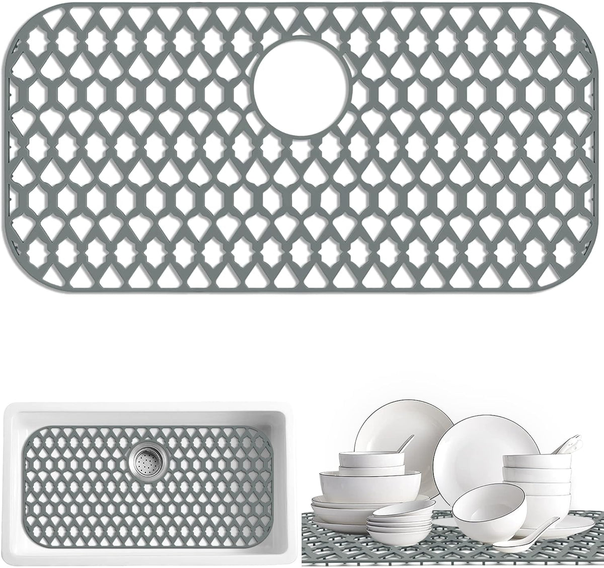Sink Protectors for Kitchen Sink 13x11 &16x12 &19x14 &21x16 &22x13 &24x13 &26x14 &28x14 &30x16, Large Silicone Sink Mats Grid for Bottom of Farmhouse Sink (28”x14.4”, Rear Drain)