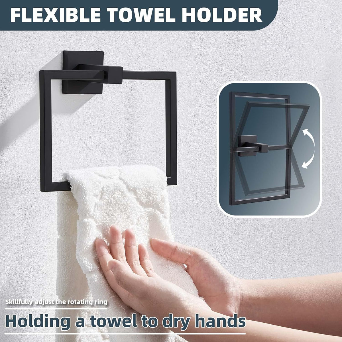 APLusee Swivel Towel Ring Matte Black, 304 Stainless Steel Square Hand Towel Holder for Bathroom Wall Mounted