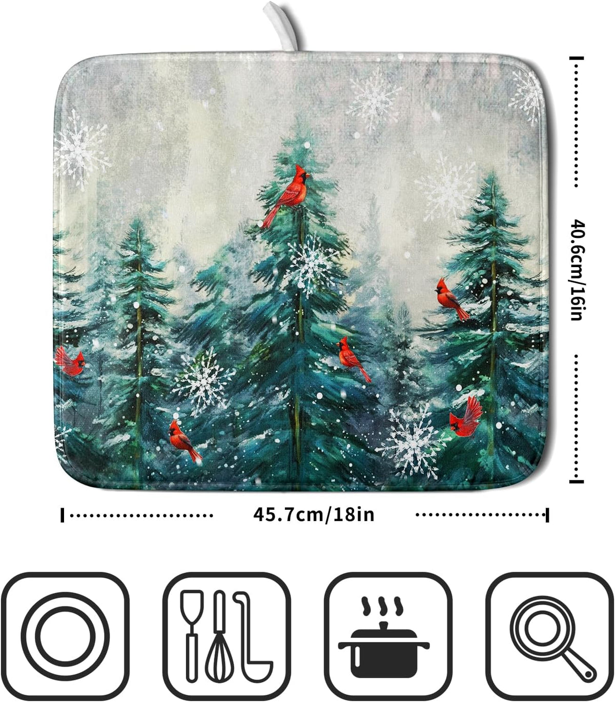 Pine Tree Dish Drying Mat for Kitchen Countertop Red Bird Dishes Mats Winter Decorative Absorbent Reversible Drainer Rack Pad 16x18 Inch