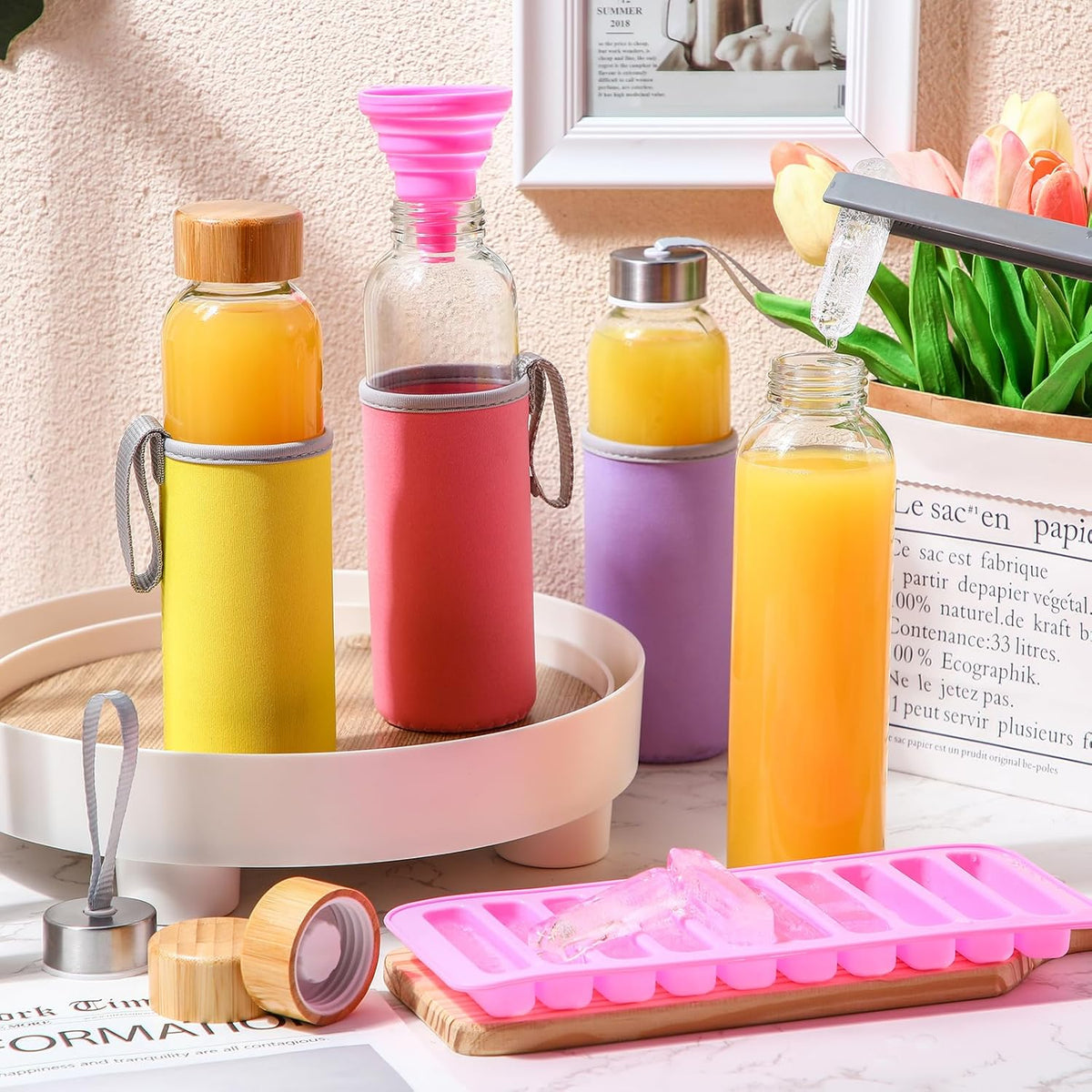 Honeydak 12 Pcs 18 oz Glass Water Bottles Glass Juice Bottles with Protection Sleeves, Stainless Steel and Bamboo Lids Reusable Glasses Funnel, Ice Mold, Brush for Milk Smoothie Beverage Tea