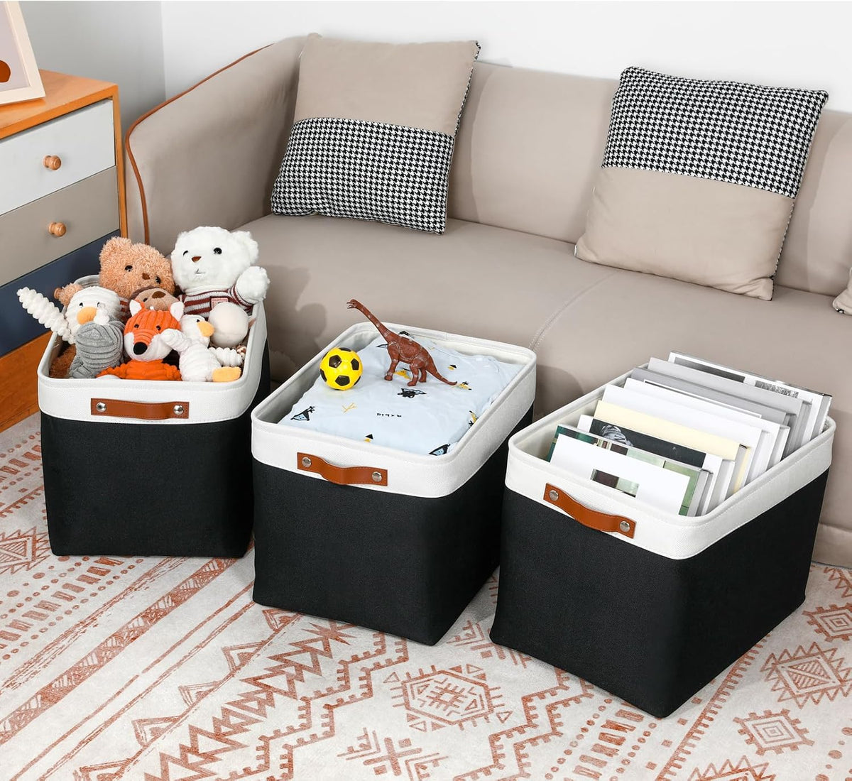 DULLEMELO Large Storage Baskets Fabric Storage Bins, Canvas Storage Basket for Shelf Toys, Decorative Large Storage Bins with Handle for Baby Gift(White&Black)