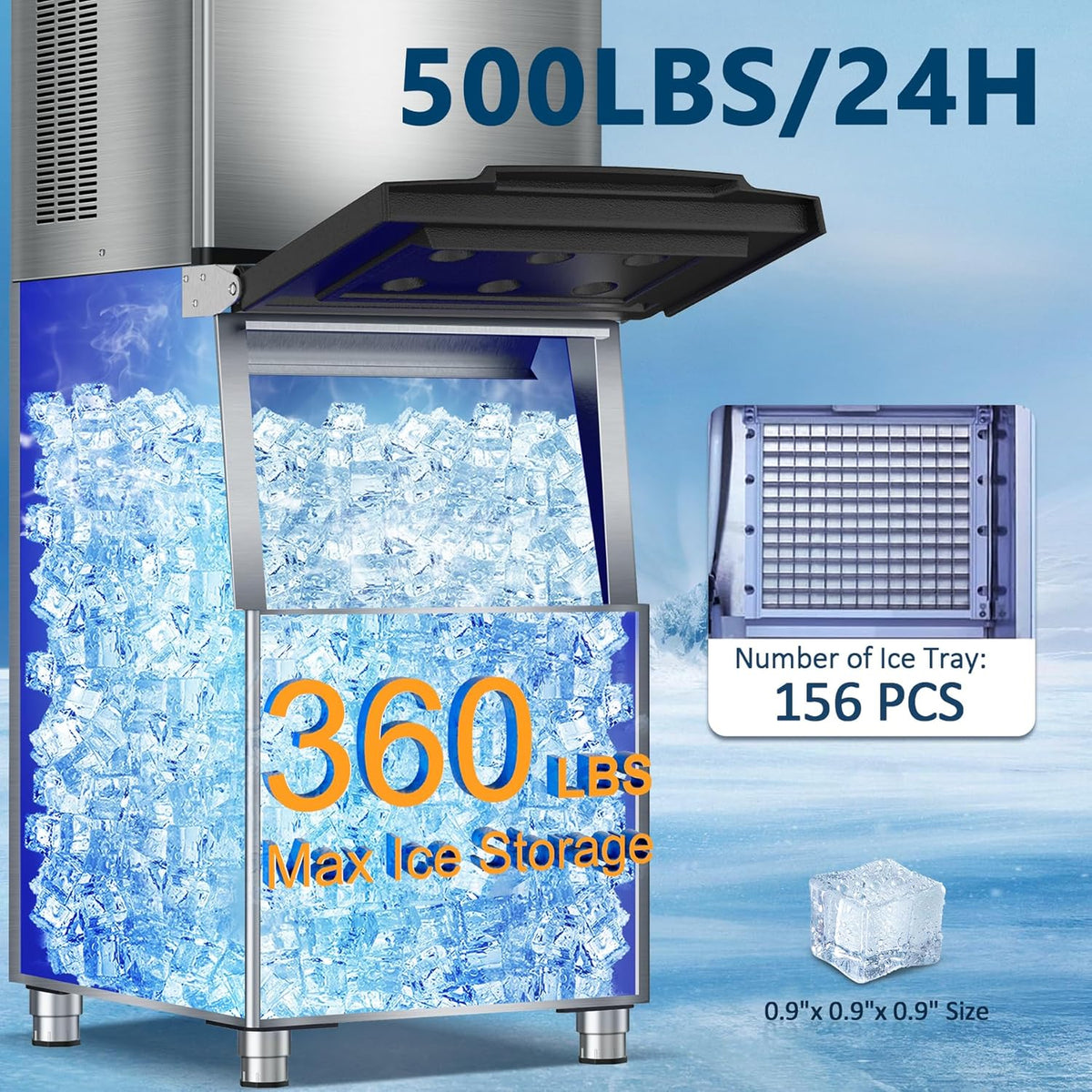 Commercial Ice Maker Machine 460LBS/24H 360LBS Ice Bin LCD Touch Screen Self Cleaning Function Freestanding Ice Maker 156 Counts Ice Ready in 5-10 min Clear Ice Cube for Cafe, Bar, Home