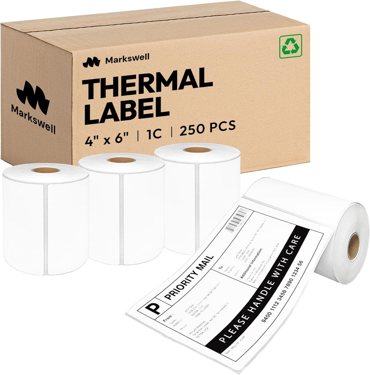 4x6 Direct Thermal Label, Barcode Address Mailing Name Shipping Labels, Perforated Thermal Stickers, Multipurpose, Commercial Grade for Thermal Printer, Strong Adhesive, 250/Roll, 4 Rolls