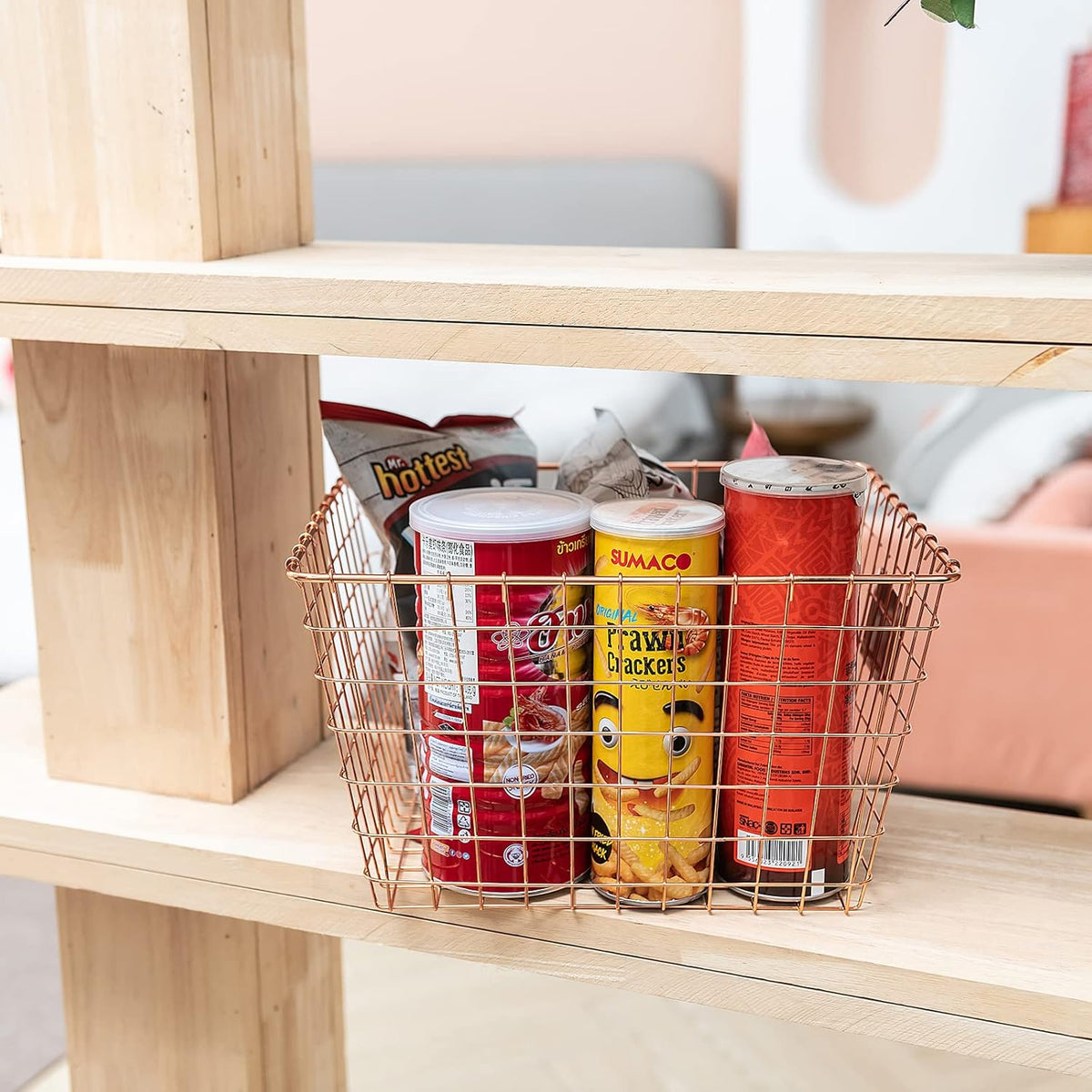 4 Pack【Extra Large】 Wire Handmade Storage Basket for Organizing Household Goods,Pantry Organization,Bathroom countertop,Laundry,Wardrobe Storage Basket,Rose Gold