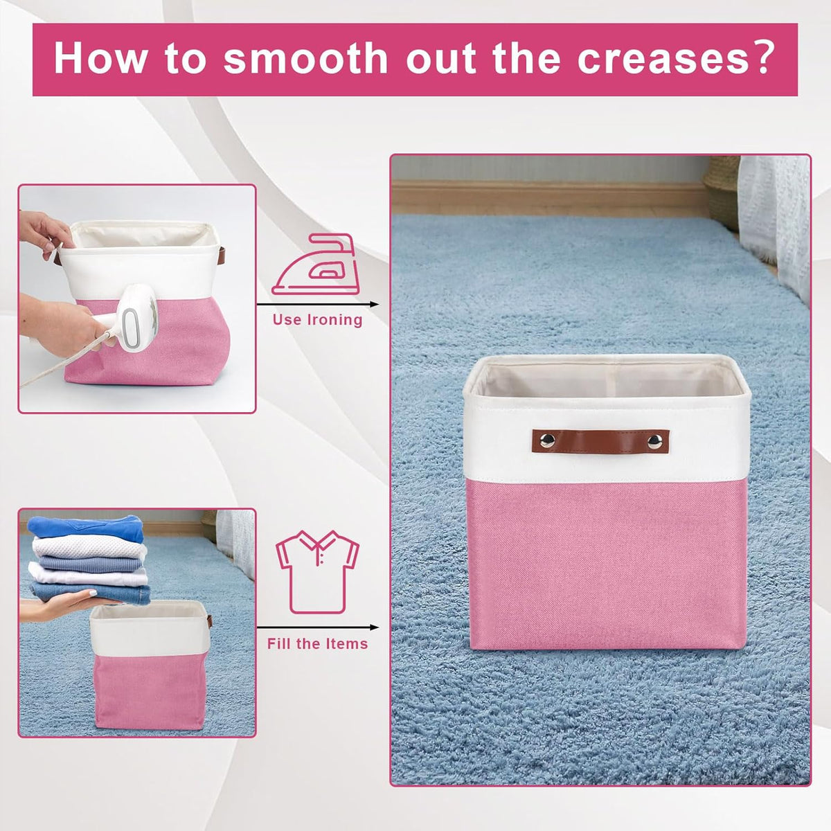 Collapsible Fabric Storage Cubes 11x11 Cube Storage Bins, 4 Pack Closet Baskets Box with Handles for Organizing, Shelf, Toys, Clothes, Home, Office, Nursery (Pink&White)