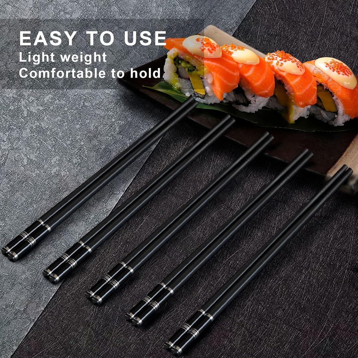 Chopsticks Reusable 5 Pairs Fiberglass Chopsticks Dishwasher Safe Square Lightweight Non-Slip Chop Sticks Set (silvery)