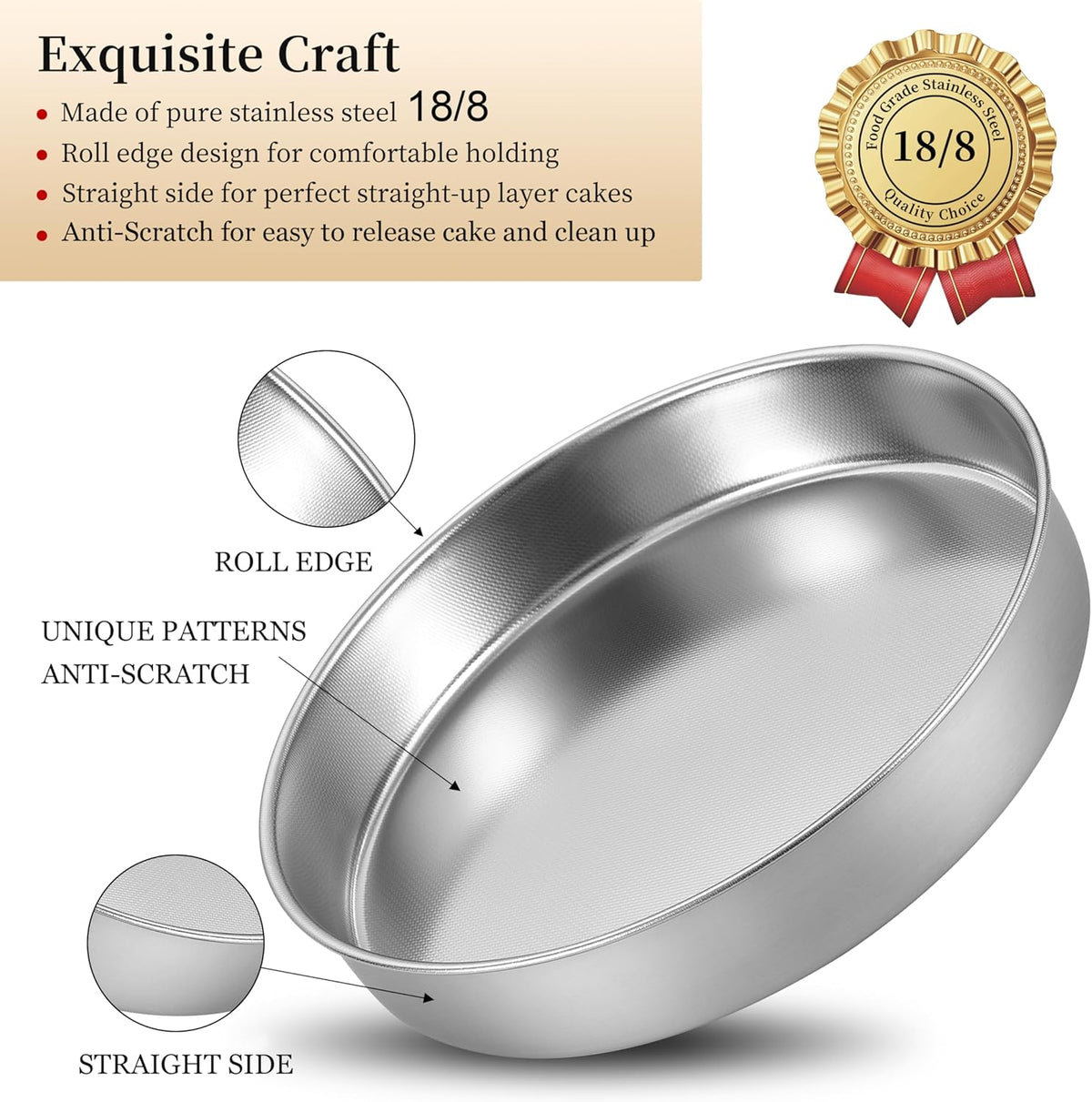 Inqibee Round Cake Pan Set of 2,18/8 Stainless Steel Round Cake Baking Pans,8-9.5 Inch,Physics Anti-Stick and Scratch,Non-Toxic and Easy to Clean