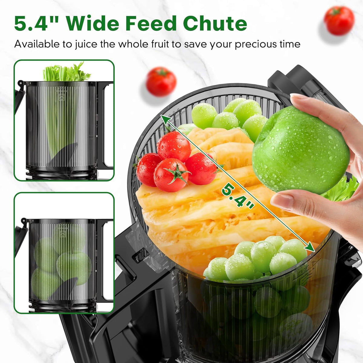 Cold Press Juicer, Masticating Juicer with 5.4" Wide Feed Chute, 350w Slow Juicer Machines Fit Whole Vegetables and Fruits with High Juice Yield, Easy to Clean (Black)