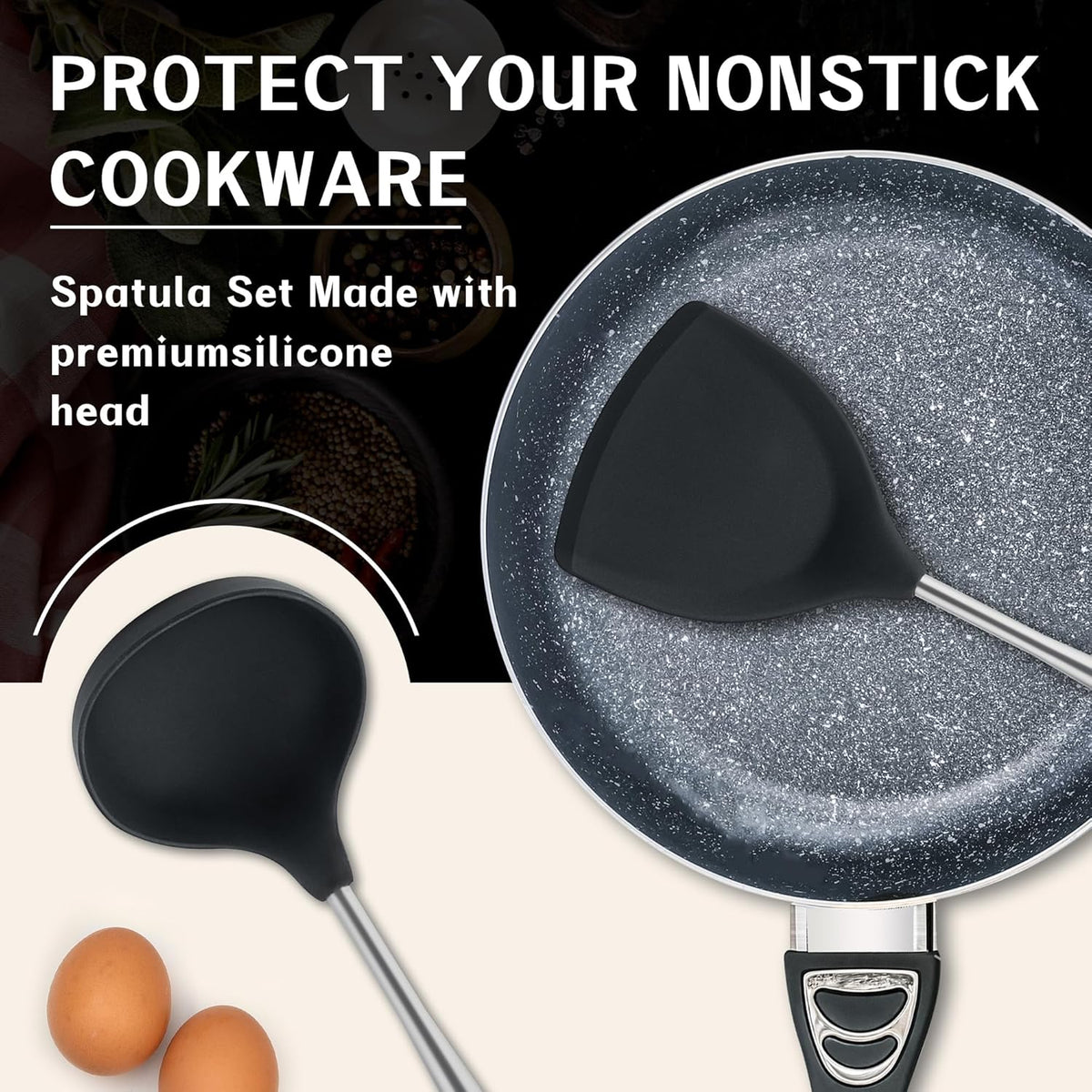 FJNATINH Silicone Wok Spatula,Ladle,Skimmer Tool Set - Stainless Steel Wok Tools, Wok Utensil,Non Stick Heat-Resistant Cooking Utensils BPA Free Kitchen Utensils Cookware (Black Stainless Steel-3PCS)