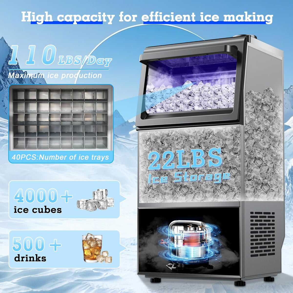 Commercial Ice Maker Machine 110lbs/24H with 22lbs Storage, Stainless Steel Freestanding Ice Machine 2 Water Inlet Modes 40Ice/Cycle, Self-Cleaning Function for Homes Restaurants Bars