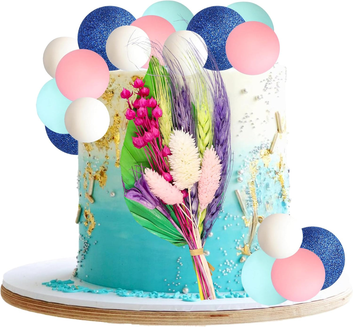 Gyufise 21 Pack Flower Boho Cake Topper Ball Cake Decorations Palm Leaves Plants Cake Decor for Girl Bohemian Princess Theme Wedding Baby Shower Birthday Party Supplies Blue Pink