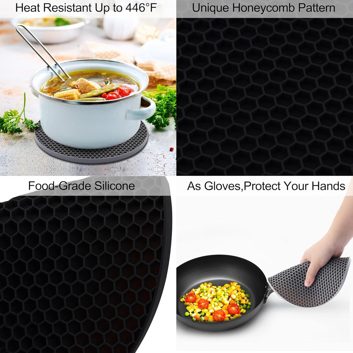 4 Pack Silicone Trivets for Hot Pots and Pans, Pot Holders Hot Pads, Non-Slip & Heat Resistant Silicone Mats for Kitchen Counter, Soft Durable Drying Mat, Jar Opener and Coasters (2 Black+2 Dark Grey)