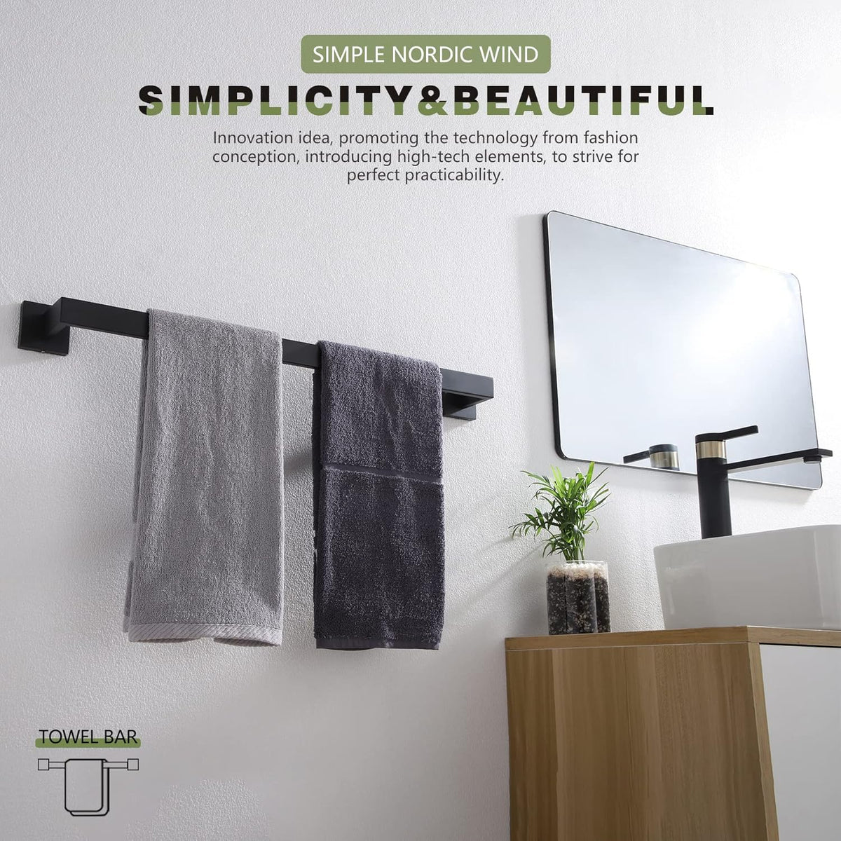 KOKOSIRI 24-Inch Single Towel Bar, Bathroom Kitchen Towel Holder, Wall Mounted SUS304 Stainless Steel Towel Rack 2 Pack, Matte Black, B4003BK-L24-P2