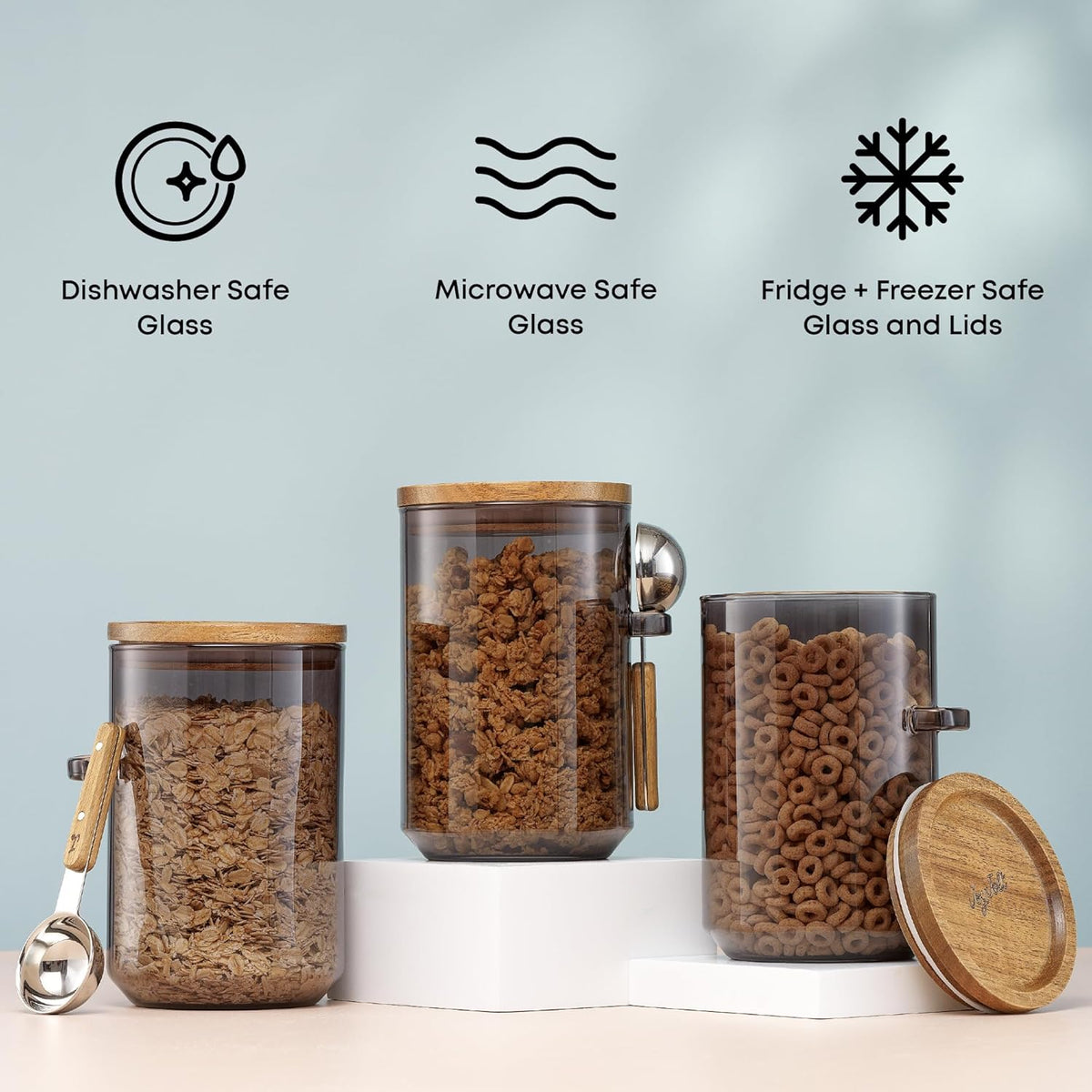 JoyJolt Holden 32oz Stackable Glass Storage Containers with Lids and Scoops, Airtight Food Canister Set of 3 w/Acacia Wood Lids, Round Stacking Pantry and Kitchen Containers w/Scoop | Smoke