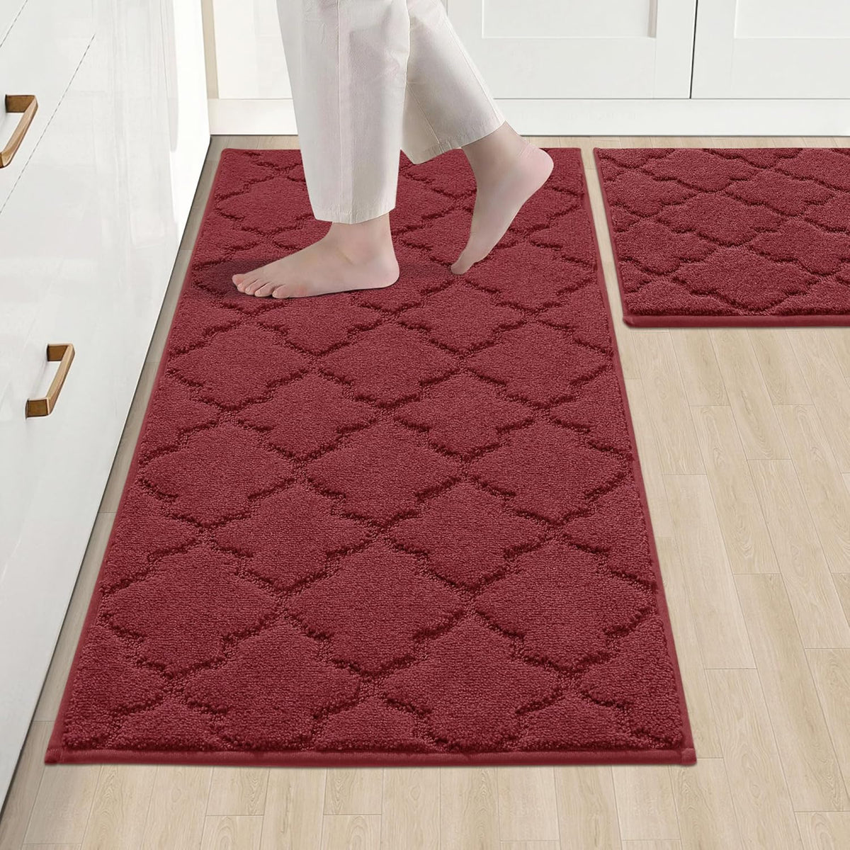 COSY HOMEER Soft Kitchen Rugs [2 PCS] for in Front of Sink Super Absorbent Kitchen Floor Mats and Mats 20x30 Inch/20X48 Non-Skid Kitchen Mat Standing Mat Washable,Polyester,Red
