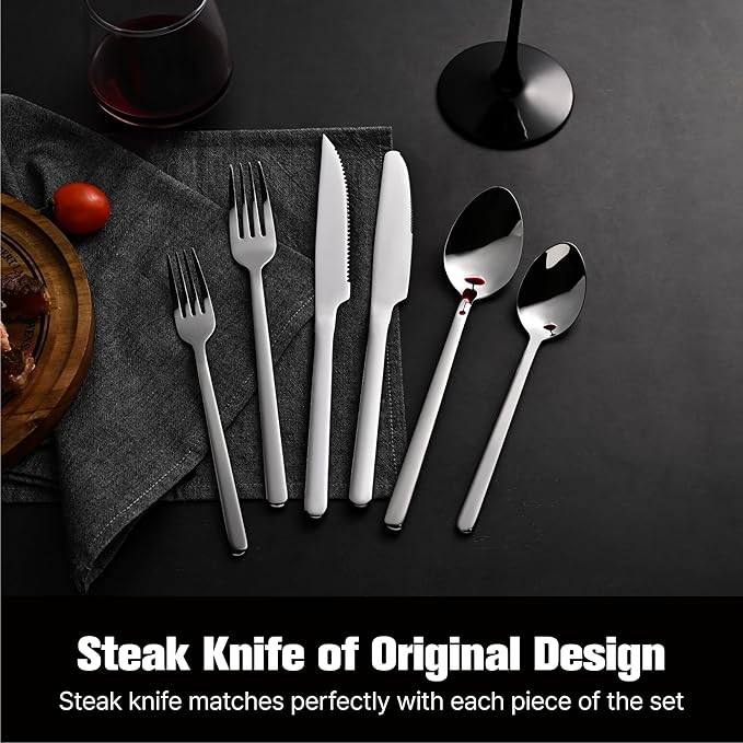 KINGSTONE 24-Piece Silverware Set with Steak Knives, Flatware Set for 4, Stainless Steel Tableware Cutlery Set for Home Restaurant, Mirror Finish,Modern Design