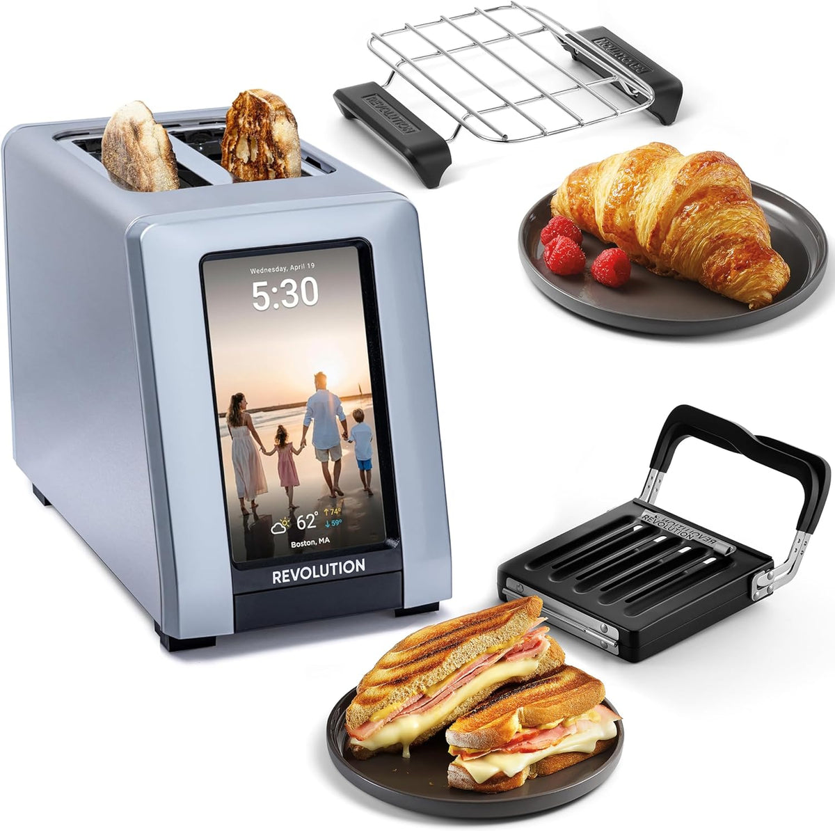 Revolution R180 Connect Plus Smart Toaster Bundle with Toastie Press & Warming Rack – Touchscreen, 2-Slice Wide Slot, InstaGLO 2.0 Tech, Digital Picture Frame– Toast Bread, Bagels, Waffles, Tortillas