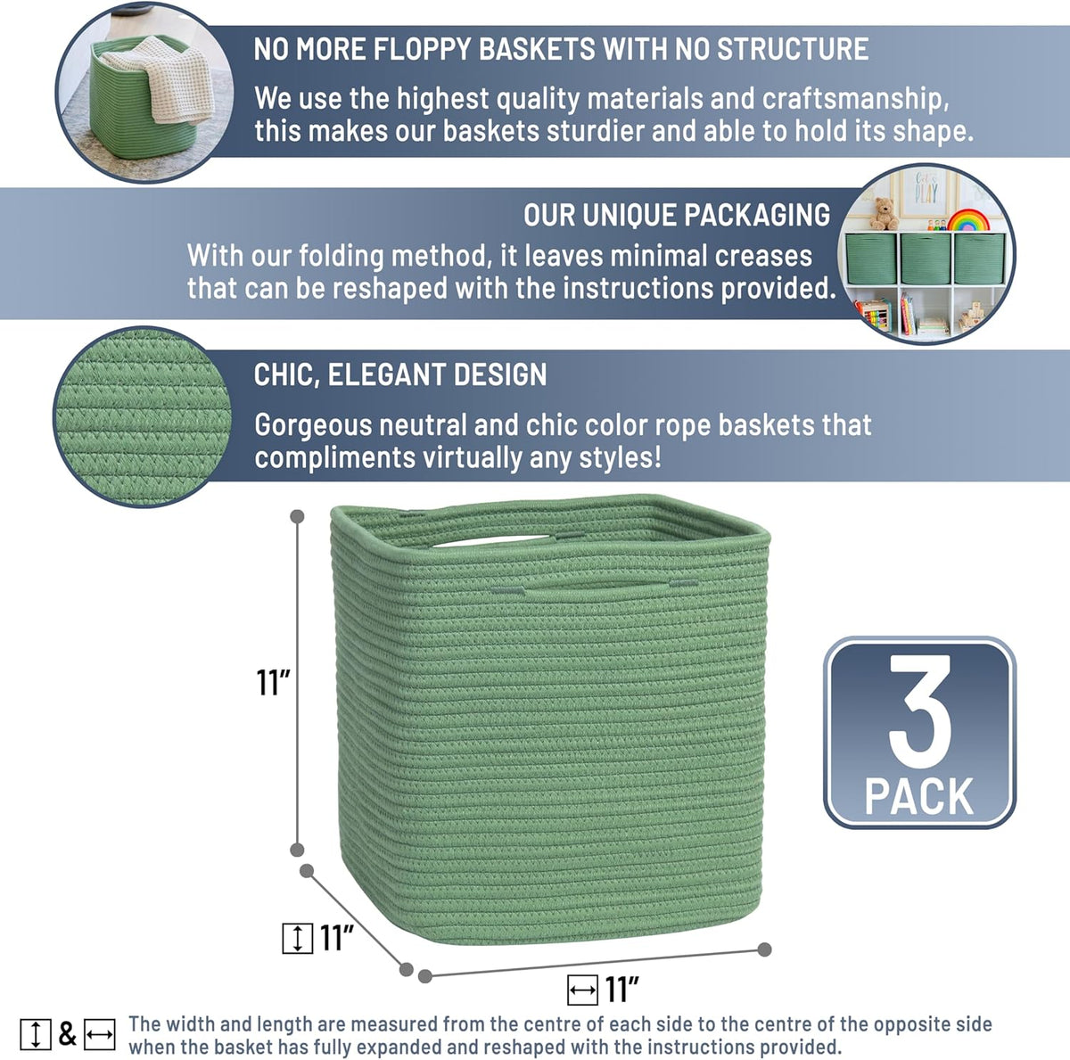 NaturalCozy Storage Cubes 11 Inch Cotton Rope Woven Baskets for Organizing, 3-Pack | Cube Storage Bin | Square Storage Baskets for Shelves Organizer, Classroom, Kids Toy Bins, Closet, Baby Nursery