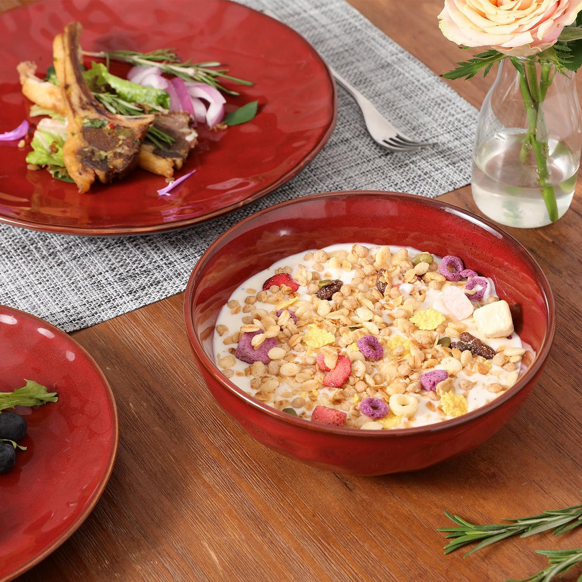 vicrays Ceramic Salad Bowls Set for Kitchen, Serving - 32 Ounce Soup Bowls, Pasta Bowls, Chip Resistant, Dishwasher Microwave Safe, Large, Fluted, Stoneware, Set of 6 (Cherry Red)