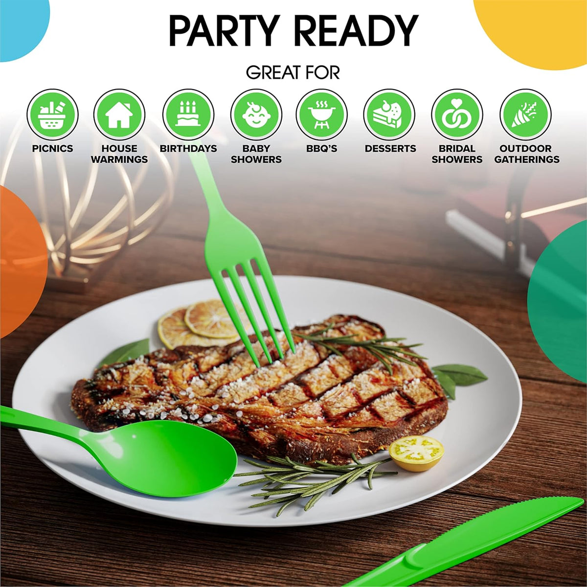 Party Solids Plastic Spoons - 200 Pcs Heavy Duty Lime Green Disposable Cutlery