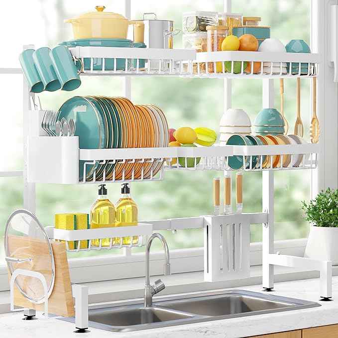 Over The Sink Dish Drying Rack - Adjustable 3 Tier XX-Large Capacity Stainless Steel Drainer with Cutlery & Utensil Holders, Kitchen Storage & Organization, 31.5"-39.5"L x 12"W x 30.5"H, White