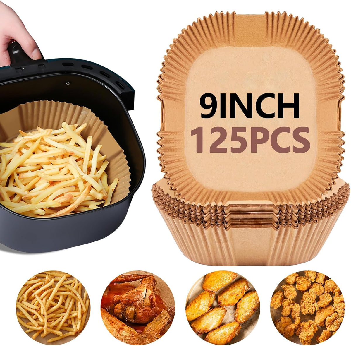 UBeesize 9-Inch Air Fryer Parchment Liners - 125 Pack, Square Non-Stick Disposable Paper Sheets for Microwave & Air Fryers, Unbleached Baking Sheets (8-Inch Base)