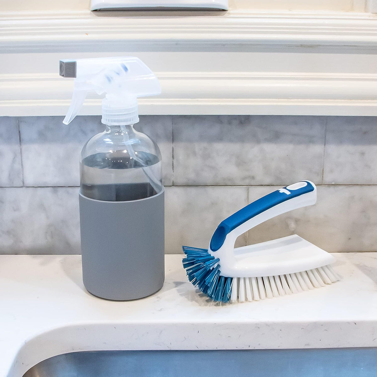 Unger Multi-Purpose Counter and Fixture Scrub Brush, Non-Slip Small Household Cleaning Supplies, Removes Dirt and Grime from Bathroom Sinks, Kitchen Countertops, and Faucets