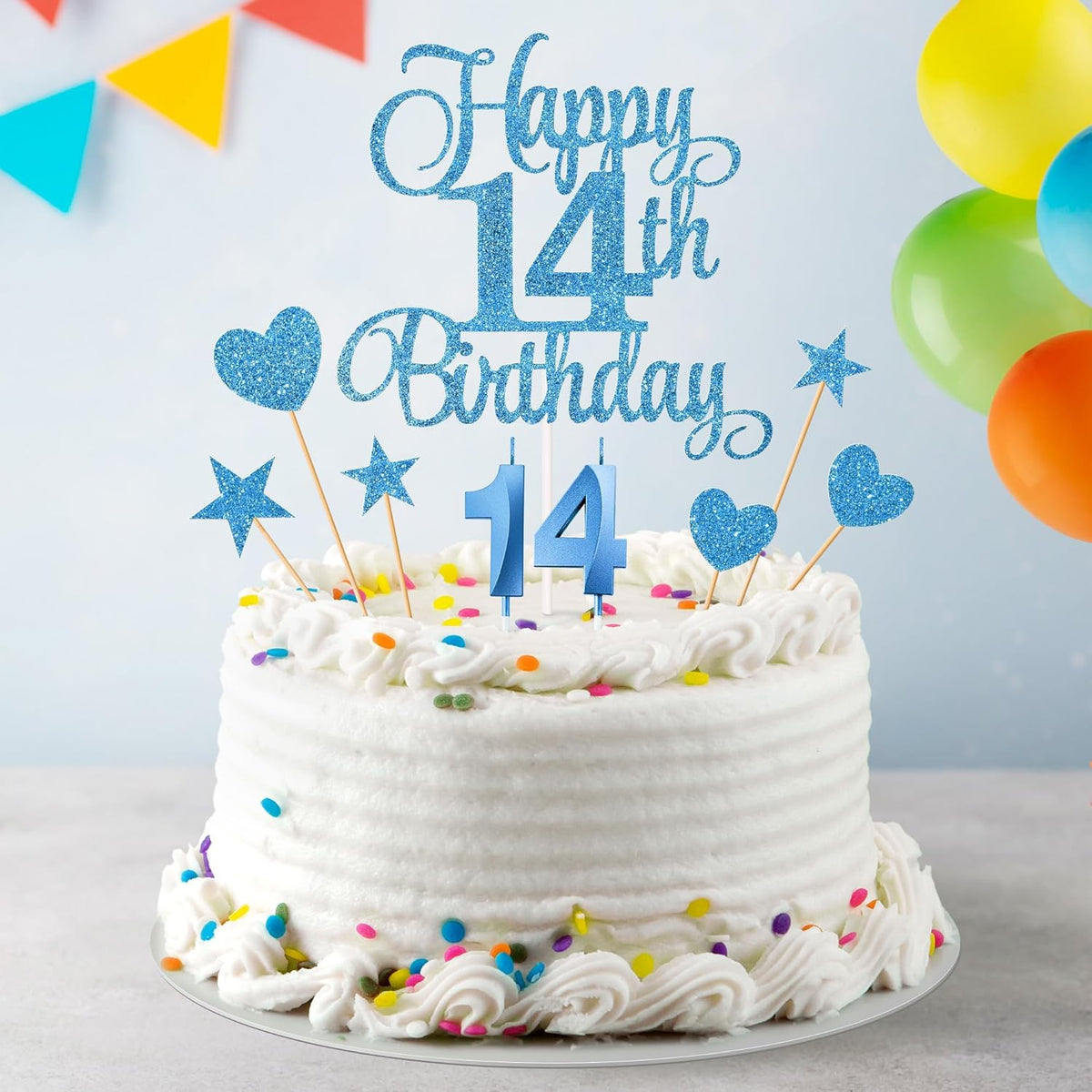 14th Birthday Cake Decorations, 14th Birthday Candles Cake Numeral Candles and Glitter Happy 14th Birthday Cake Toppers Set for Birthday Party Supplies (Blue)