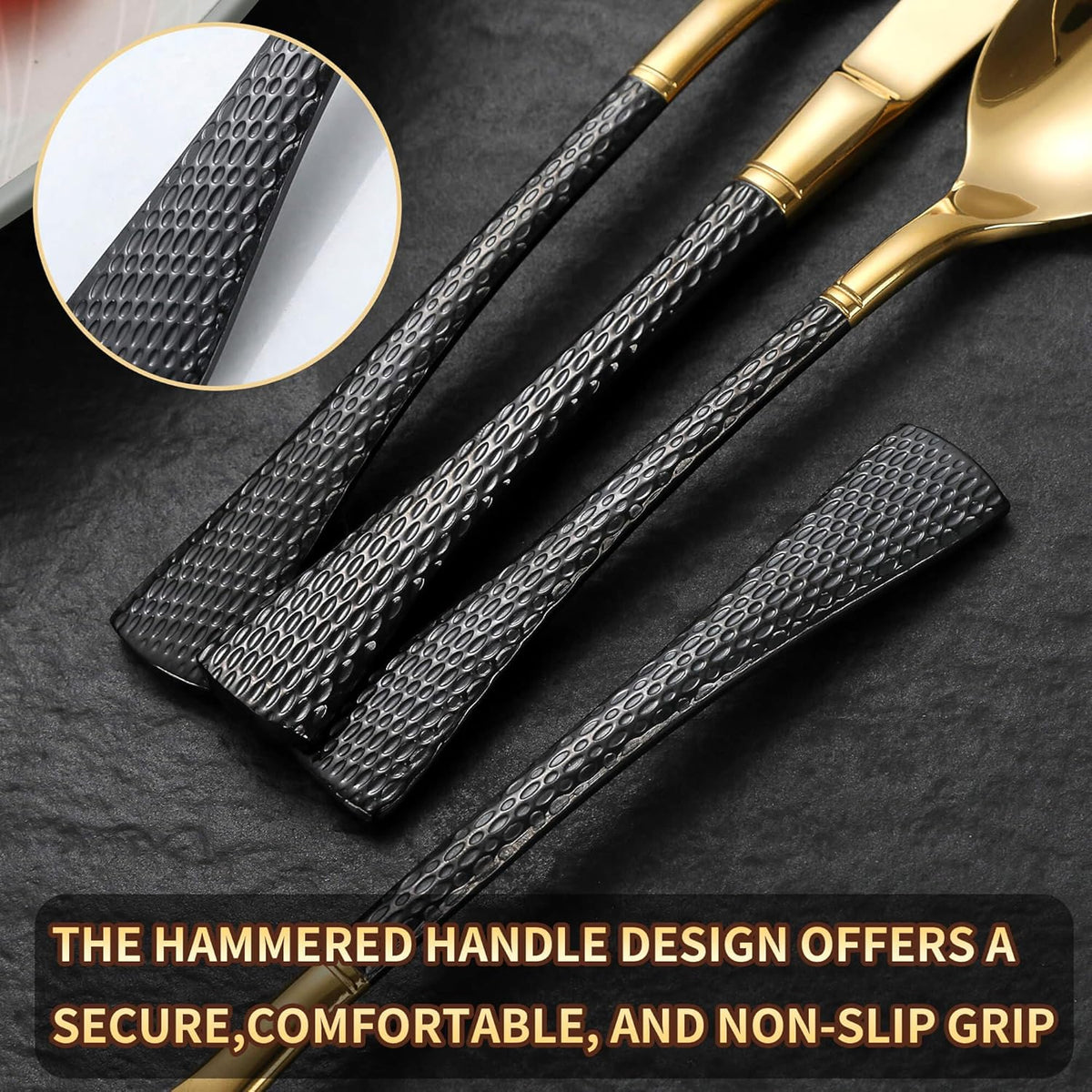 Hammered Black Gold Silverware Set for 8,Stainless Steel 40-Piece Modern Cutlery Set,Mirror Polished Heavy Duty Flatware Set Utensil Set,Knives Spoons and Forks Set,Dishwasher Safe