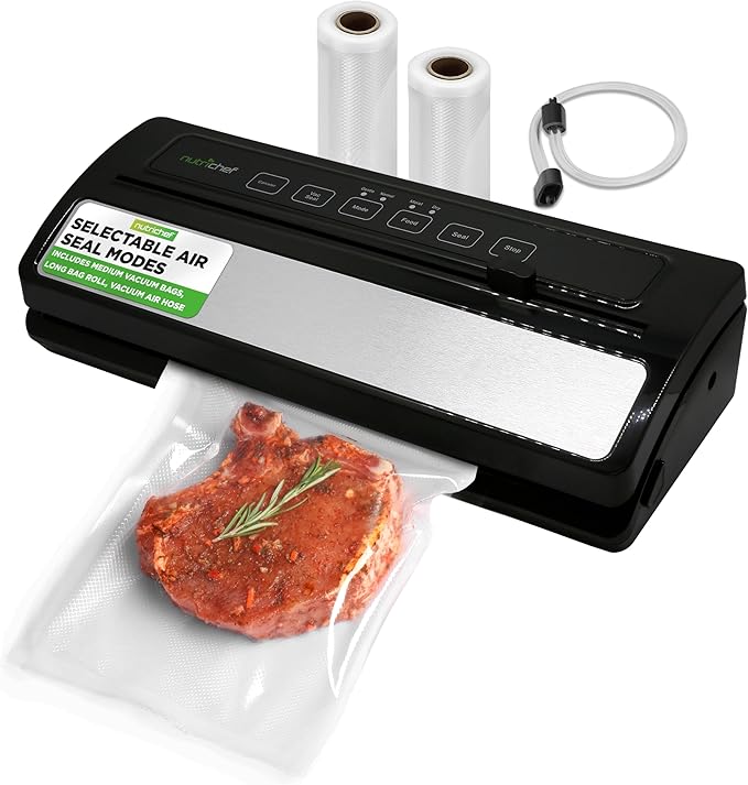 NutriChef Food Vacuum Sealer Machine, Stainless Steel & ABS Body, Automatic Sealing System for Dry and Moist Foods, LED Touch Controls, Includes Bags, Hose & Roll Cutter, 110W Suction Power, 14"x6"