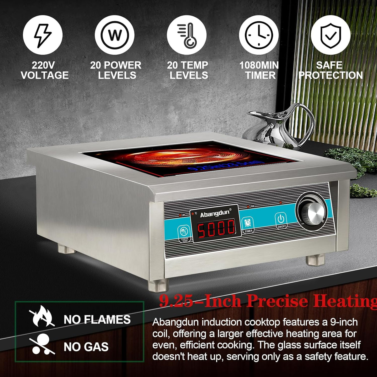 Commercial Induction Cooktop 5000W/190V~275V Commercial Range Countertop Burners Non-circulating Heating at Low Power18-hour Timer Hot Plate for Kitchen