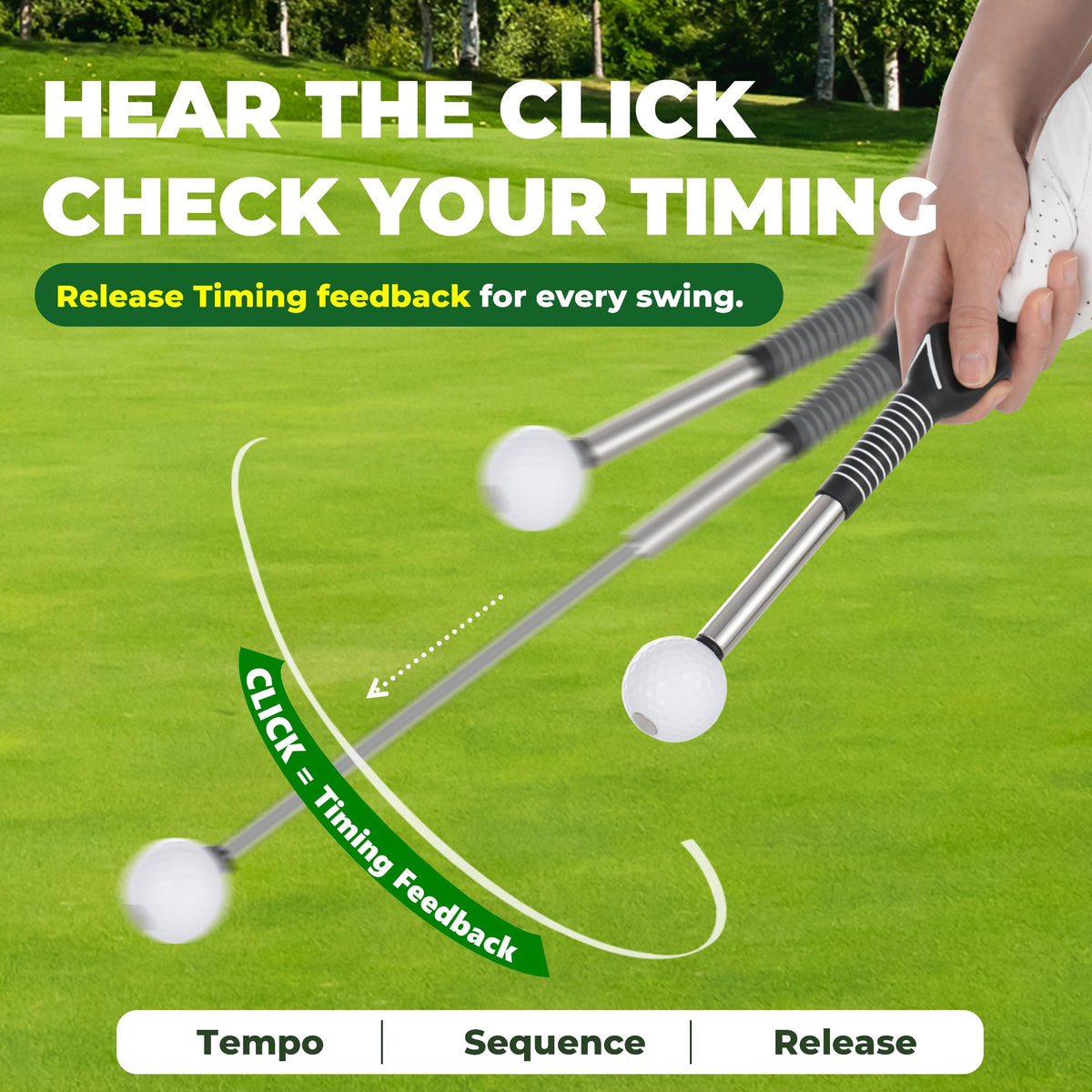 FODESAN Retractable Golf Swing Trainer, Training Aid with Grip Trainer, Swing Mechanics for Beginners & Tempo Training for Advanced, Click Feedback, Muscle Training, Indoor/Outdoor