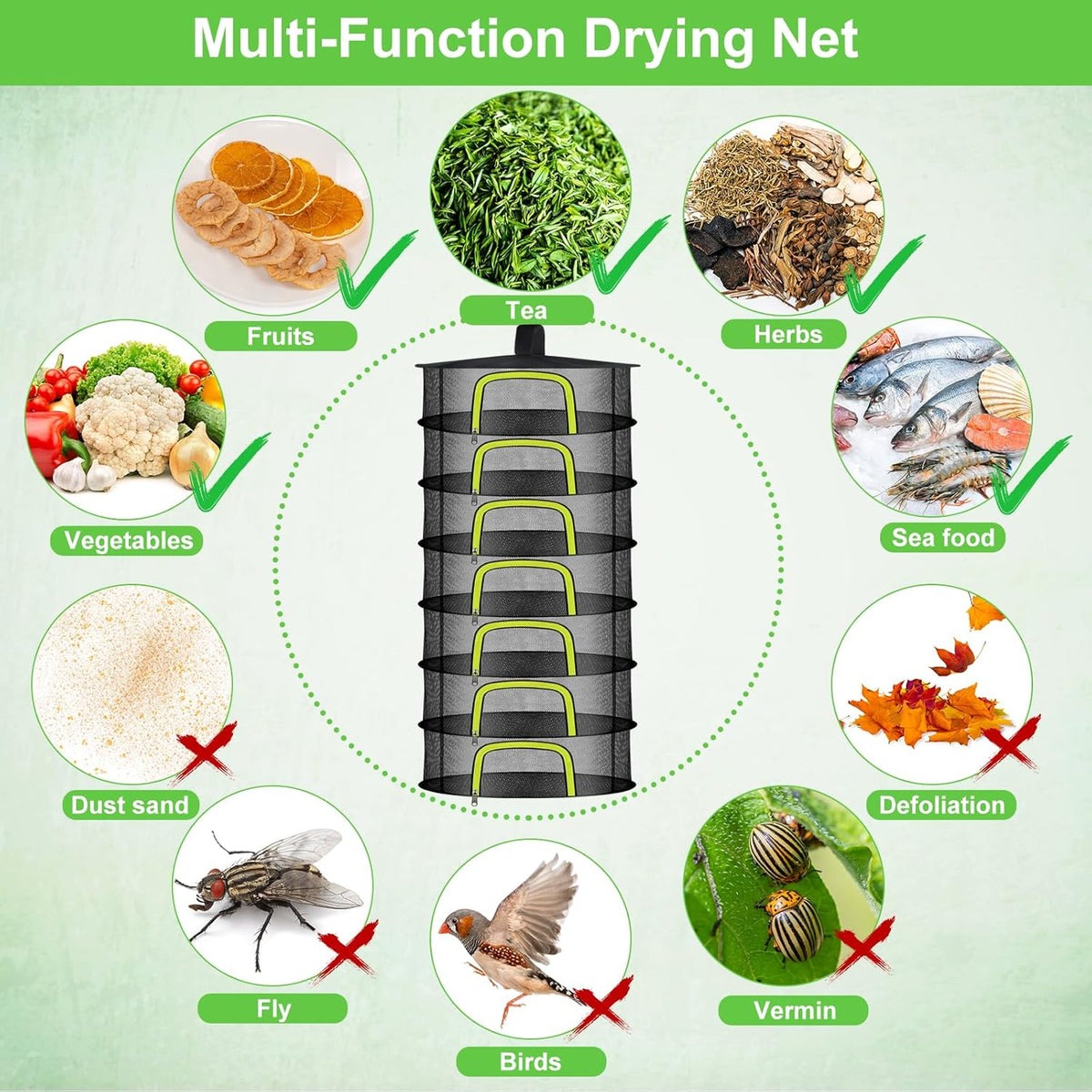 7 Layer Herb Drying Rack, Herb Drying Rack Hanging Mesh, Foldable Bud Drying Net with U-Shaped Zipper, Hooks, for Drying Herbs Plants, Flowers, Fruits, Food, Camping (7 Layers-23.62'')