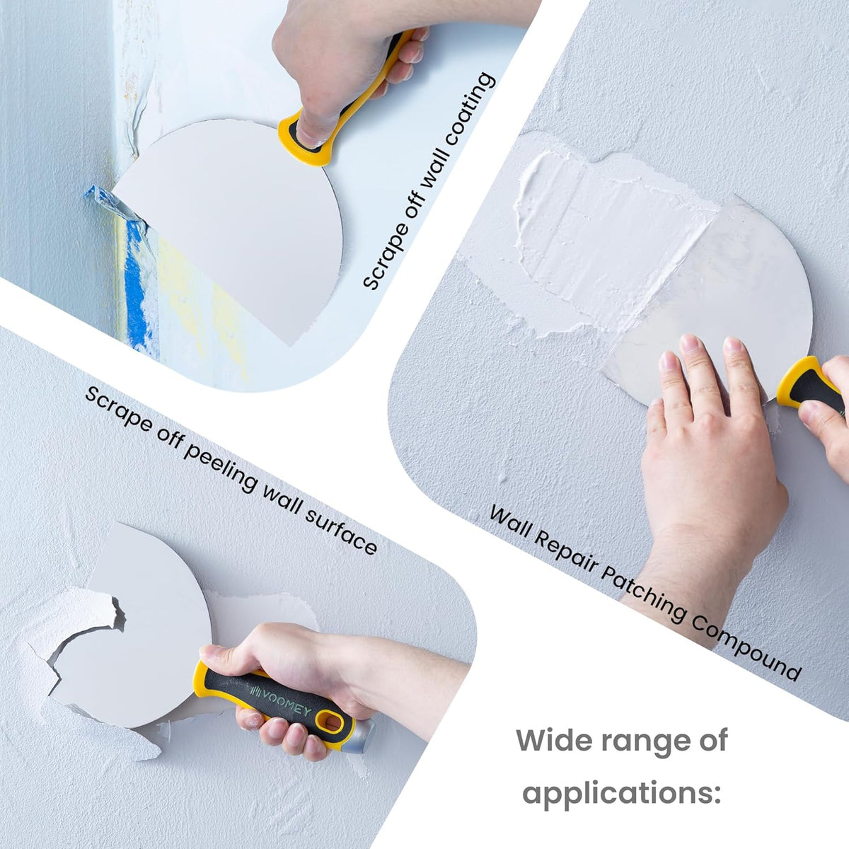 Voomey 12 In 1 Putty Knife Scraper, 6-Inch Stainless Steel Paint Scraper, Drywall Taping Knife 2 Pack, Paint Scraper Tool for Repairing Old Walls, Cleaning Paint Roller Covers, Applying Putty