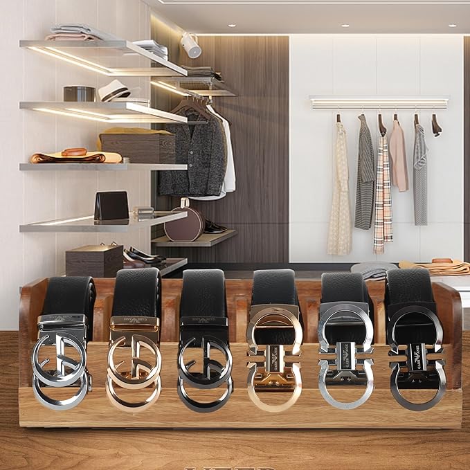 MinBoo Acacia Wood Belt Organizer Box,6 Grids Belt Rack for Closet and Drawer, Belt Storage Organizer and Displayer for Men Women