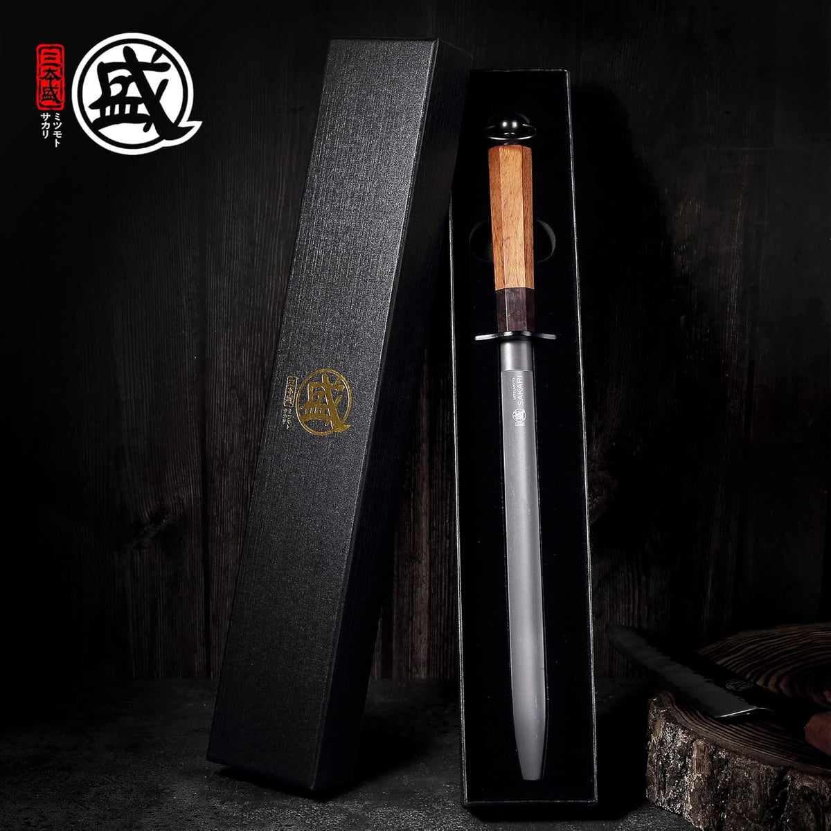 MITSUMOTO SAKARI 10 Inch Flat Honing Rod, Japanese High Carbon Honing Steel (Sourwood Handle)