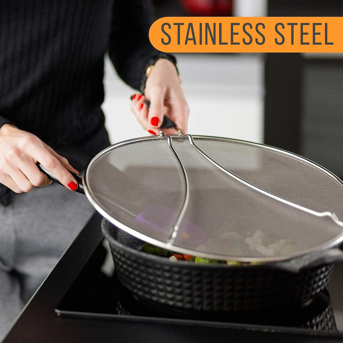 U.S. Kitchen Supply 3-Piece Stainless Steel Splatter Guard Set (13", 11.5", 9.5") Fine Mesh Cover, Grease & Oil, Splatter Screen for Frying Pan, Cooking Pots, with Resting Feet & Comfort Grip Handles