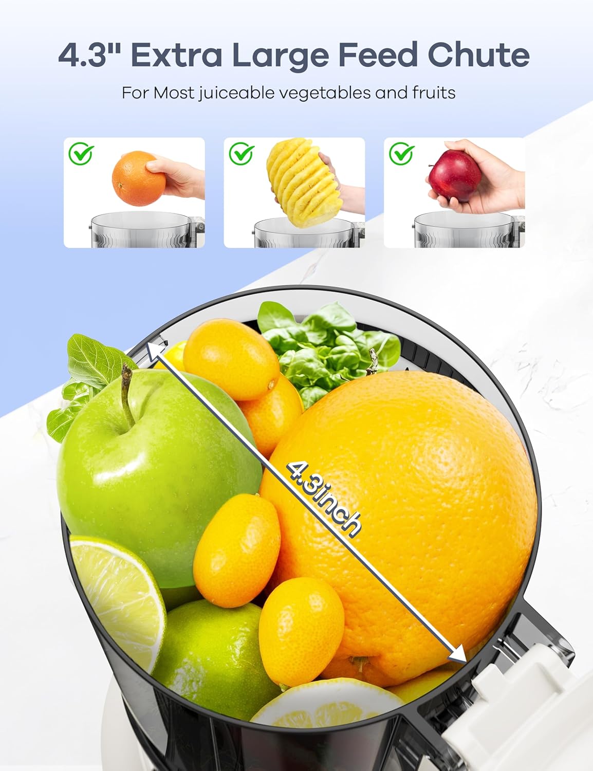 Ganiza Juicer Machines, Cold Press Juicer with 4.3" Large Feed Chute for Whole Fruits & Vegetables, Slow Masticating juicers with 3 Replace Filters for Batch Juicing, Easy to Clean, BPA Free (White)