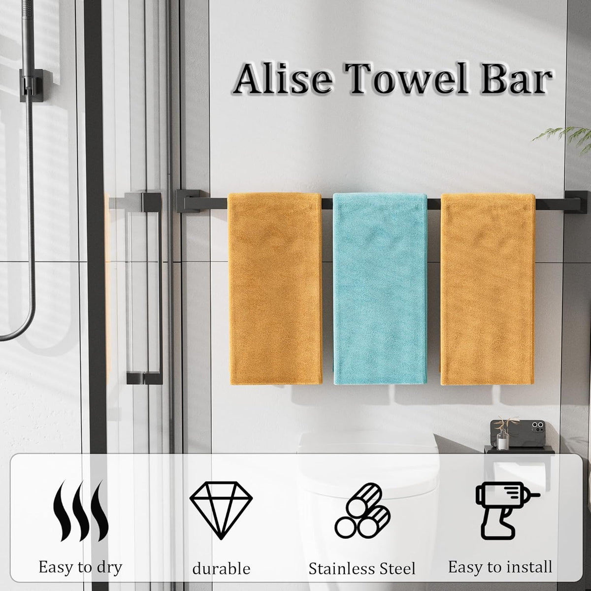 Alise Black Towel Bars,31.5 Inch Towel Holder Towel Racks for Bathroom and Lavatory,SUS304 Stainless Steel Hand Towel Hanger Rail Wall Mount,Useable Length 29.72 Inch Towel Bar, GYT080-B