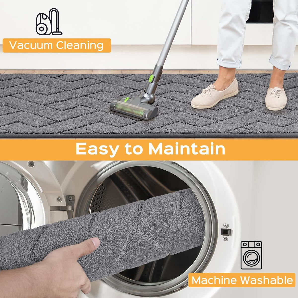 Machine Washable Kitchen Rugs 24" x 84", Non-Slip Kitchen Runner Rugs Mats for Floor, Absorbent Comfort Standing Mats for Kitchen, Sink, Laundry and Hallway, Rolled Packaging, Grey