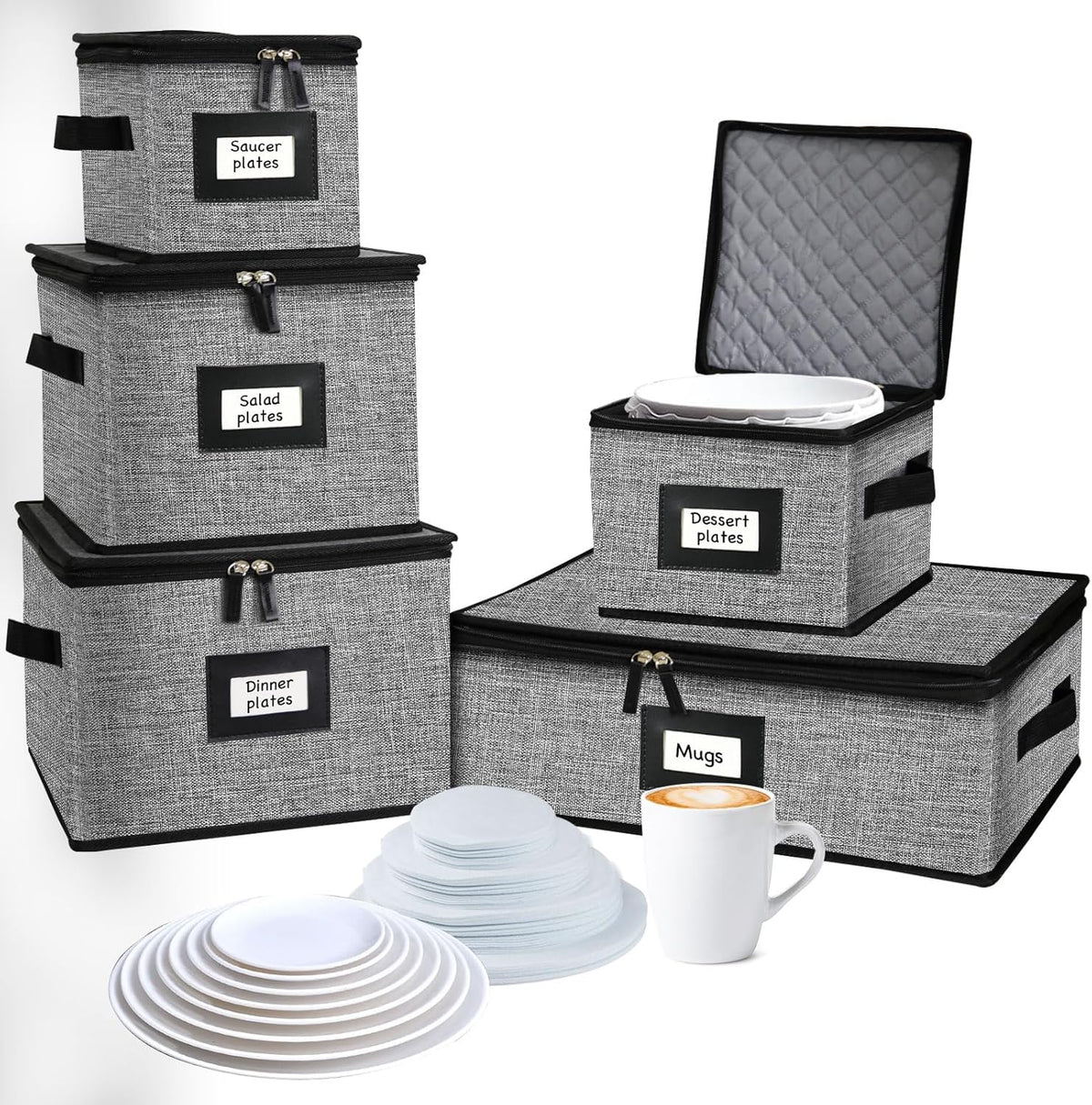 5 PACK China Storage Containers-Quilted Mug Storage and Moving Boxes for Dishes,Dish Packing Supplies for Moving,Dinnerware &Accessories,Holds a total of 48 plates (4 sizes) and 12 cups(Grey)
