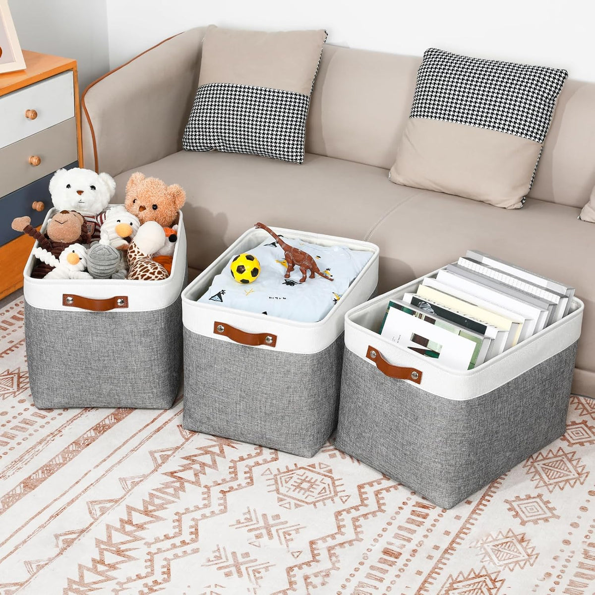 DULLEMELO Large Storage Baskets, Fabric Storage Basket with Leather Handles for Shelves Closet Nursery Toy Storage, Collapsible Fabric Baskets for Toy Book Magazine Towel Organizers(White&Gray)