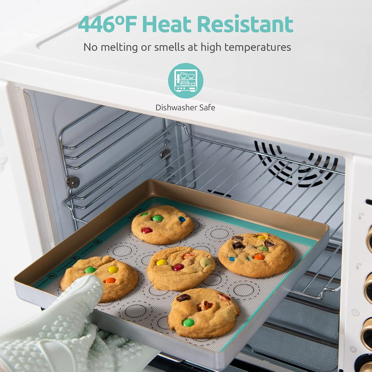 446ºF Heat Resistant Macaron Mat: U-Taste 11x11in Non Stick Silicone Baking Mat, Reusable Cookies Pastry Sheet Liner with Edge Enhancement & Circle Measurement for Square Cake Pan (Aqua Sky)