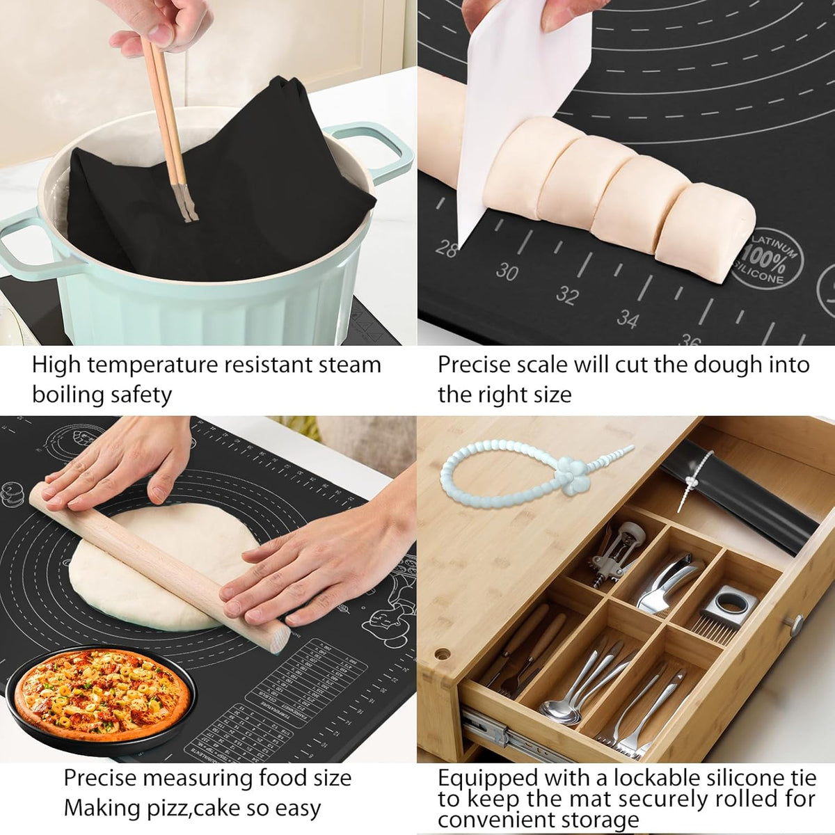 Silicone Baking Mat 32" x 24" Extra Thickness Dough Rolling Mat with Measurements and Edge Heightening, Non-stick Food Grade Silicone Pastry Mat for Pastry, Bread, Cookies, Pizza, Fondant, Pasta-Black