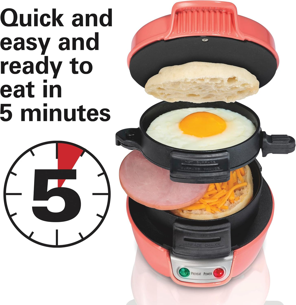 Hamilton Beach Breakfast Sandwich Maker with Egg Cooker Ring, Customize Ingredients, Perfect for English Muffins, Croissants, Mini Waffles, Perfect White Elephant Gifts, Coral (25483)