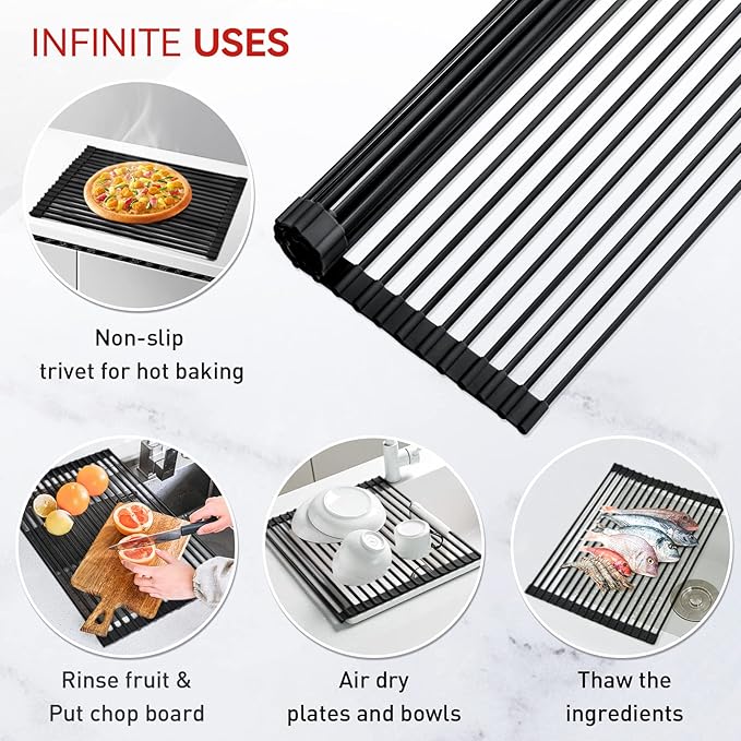 MERRYBOX Roll Up Dish Drying Rack Silicone Wrapped Over The Sink Dish Drying Rack Multipurpose Foldable Sink Drying Mat Anti-Slip & Anti-Rust Dish Rack for Kitchen, 17.5" x 13", Black